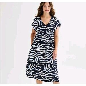 Ellen Tracy Womens XS Midi Maxi Dress Side Pockets Zebra Stripe Navy Blue White